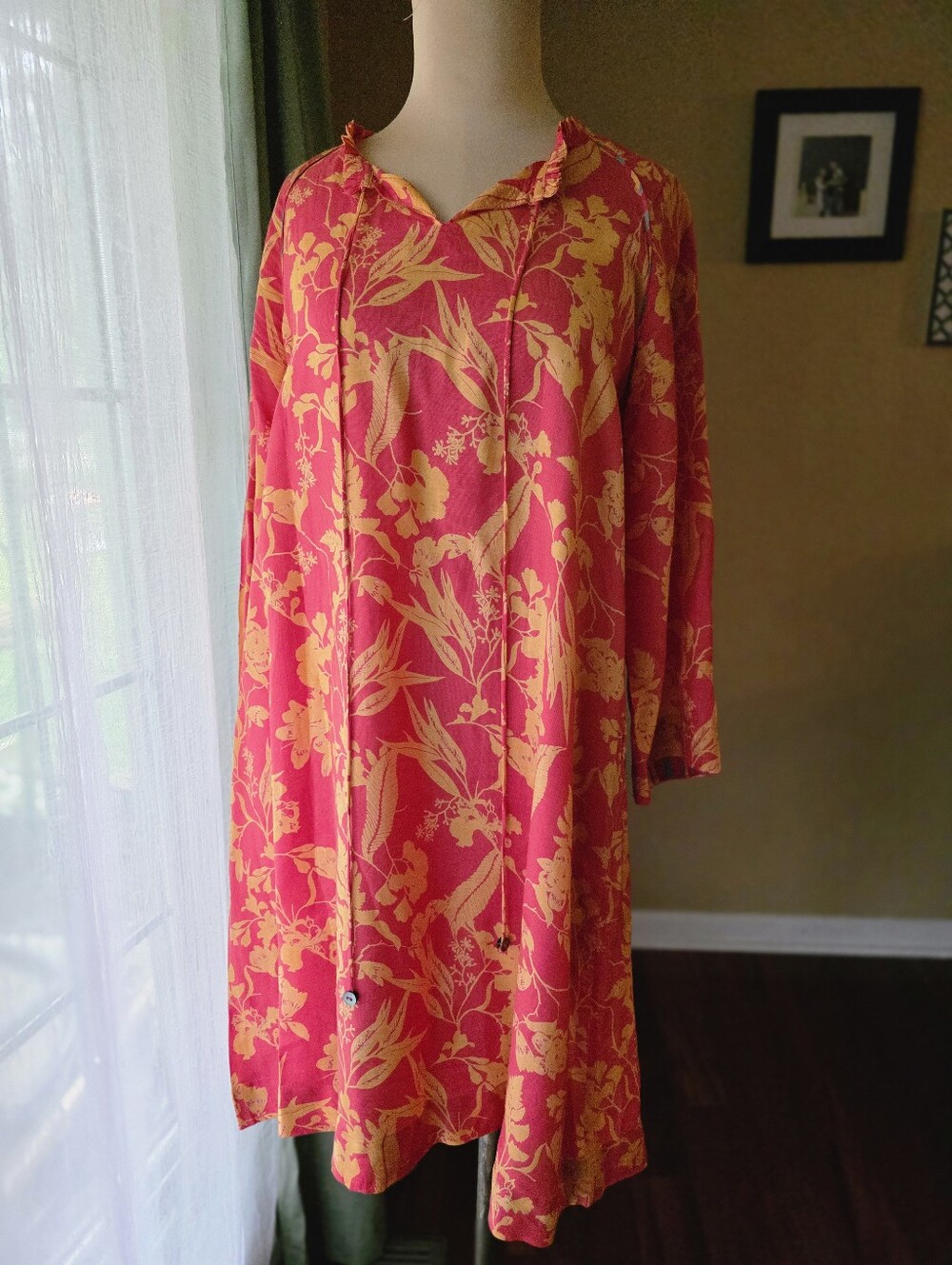 Pink Gold Botanical Floral Linen Blend Midi Dress Boho Resort Marigold Lane S